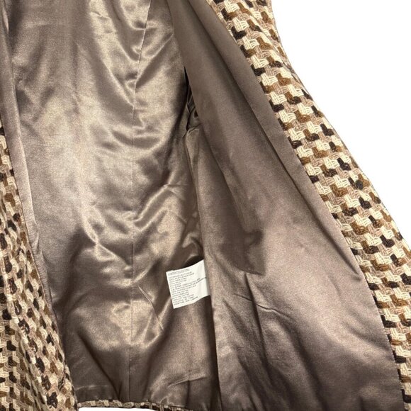 Vintage 90s Boho Wool Blend Coat Brown Cream Houndstooth Jacket Faux Fur Collar - Picture 8 of 11